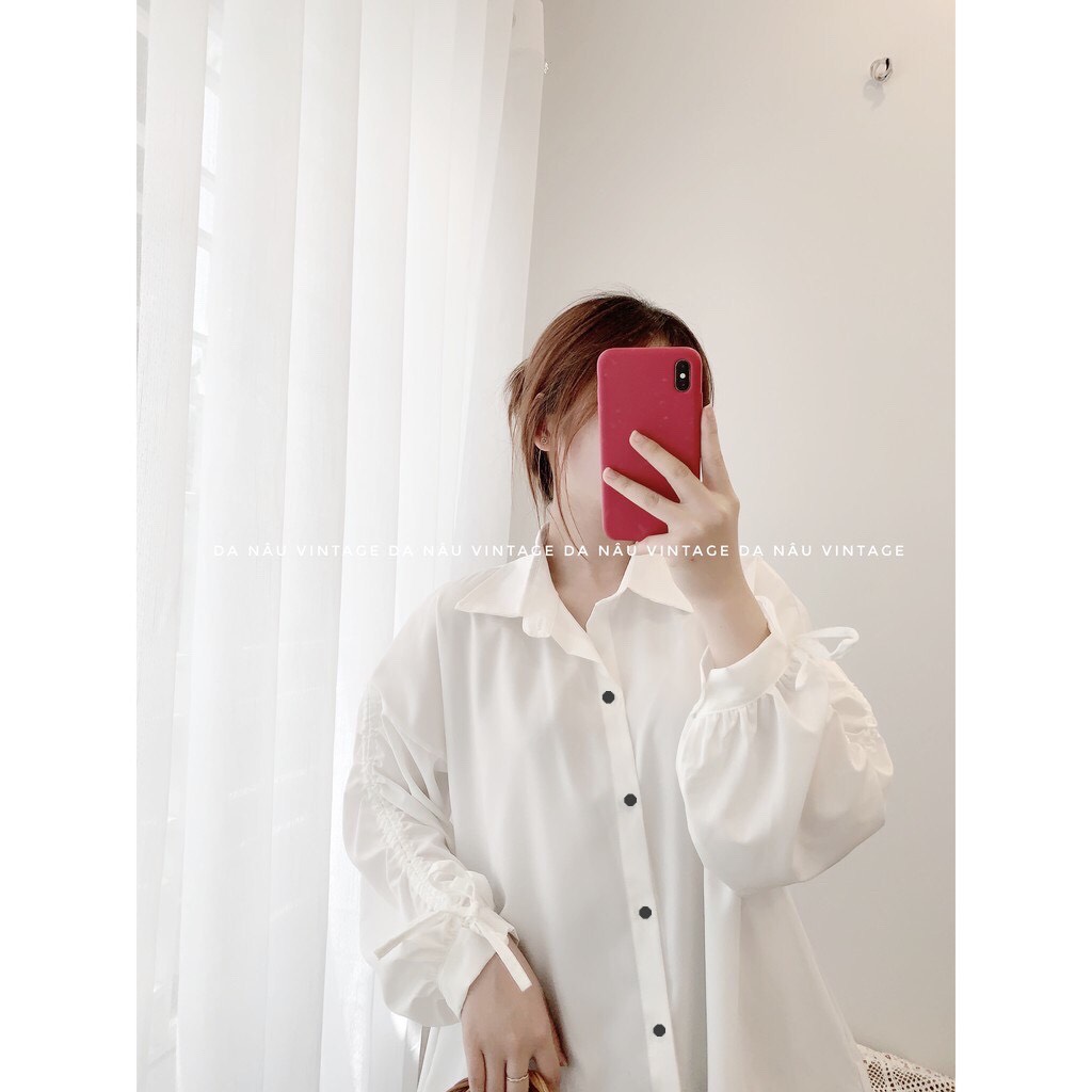 Áo Sơ mi trắng tay dây rút cúc đen dáng thụng ulzzang