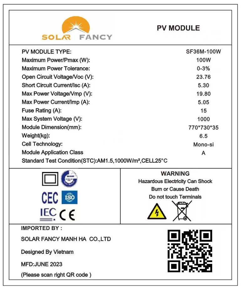 Tấm Pin Mono Năng Lượng Mặt Trời SUNTEK SF36M-100W/19V - Hàng Chính Hãng - Bảo hành 10 năm - Tuổi thọ 30 đến 50 năm