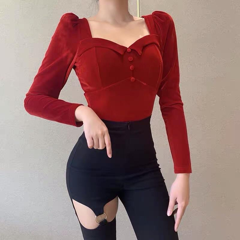 Áo nhung dài tay cổ vuông cúp ngực T0260