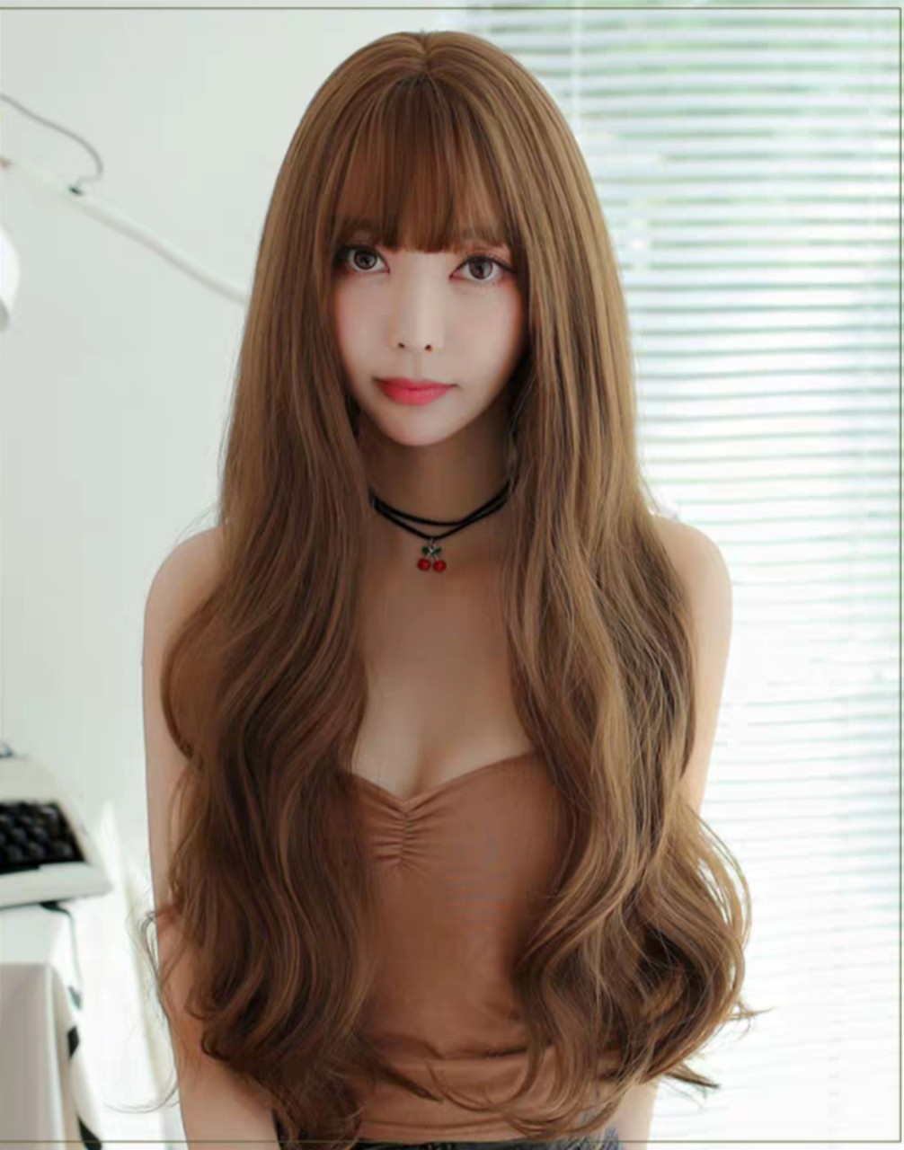 Tóc giả nữ nguyên đầu xoăn dài, tóc giả bộ cả đầu mái thưa