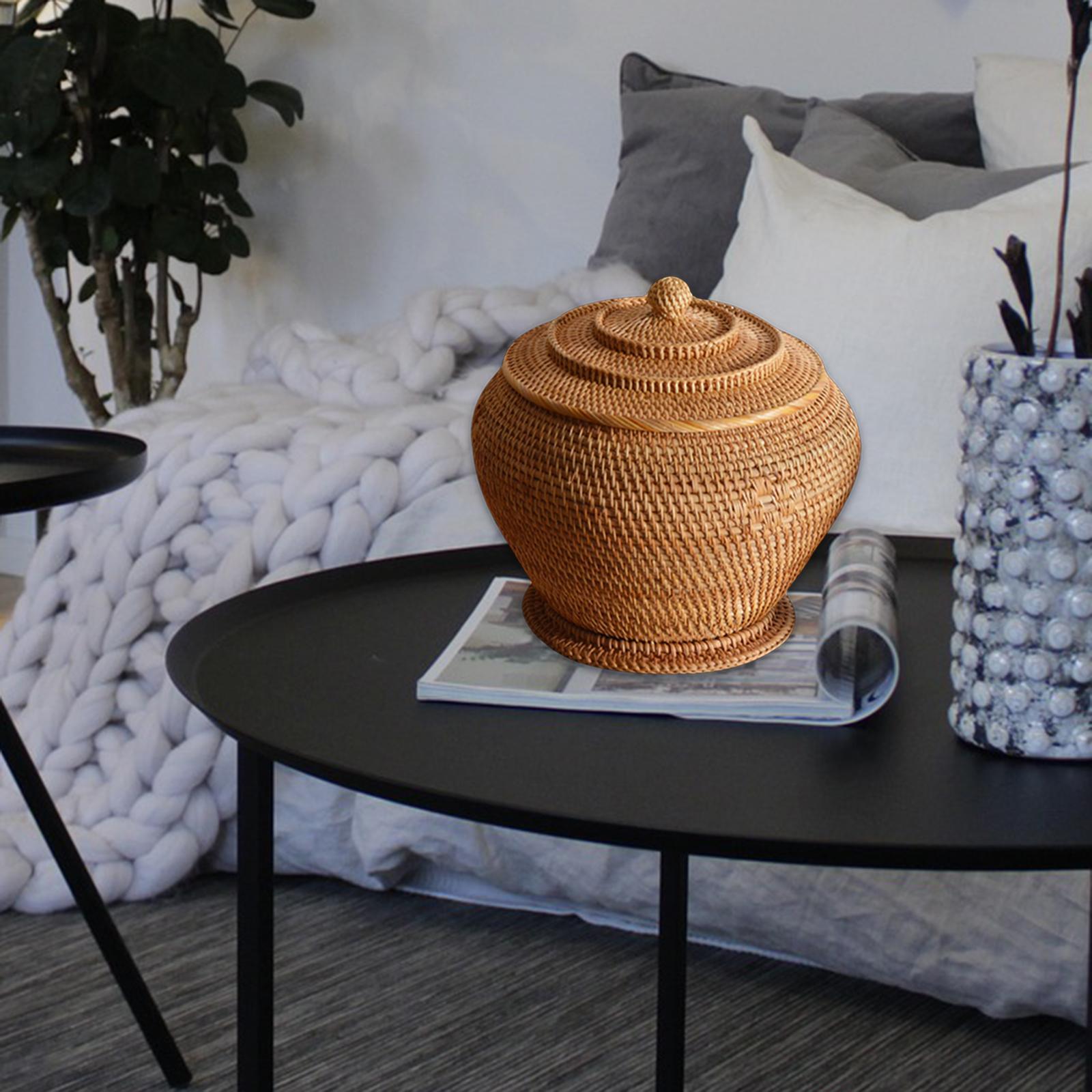 Rattan Woven Basket with Lid Durable Organizer Round for Vegetable Kitchen