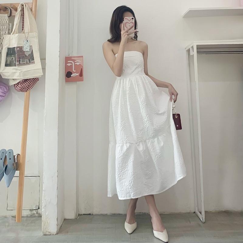 Đầm gấm dài cúp ngực