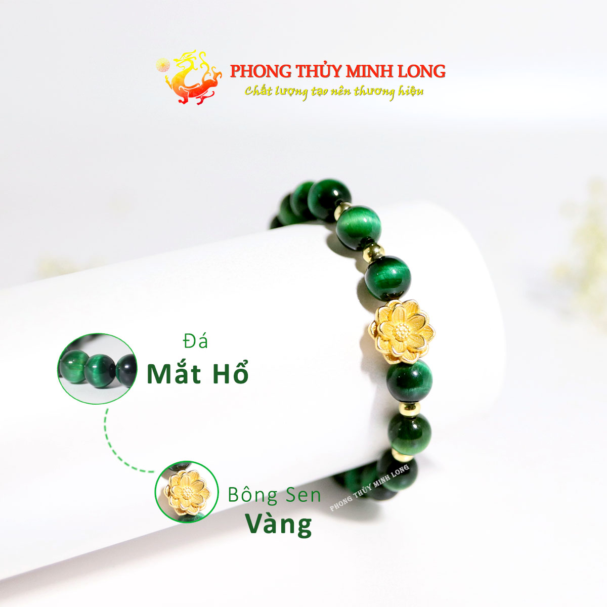 Vòng tay đá mắt hổ xanh lá mix bông sen vàng