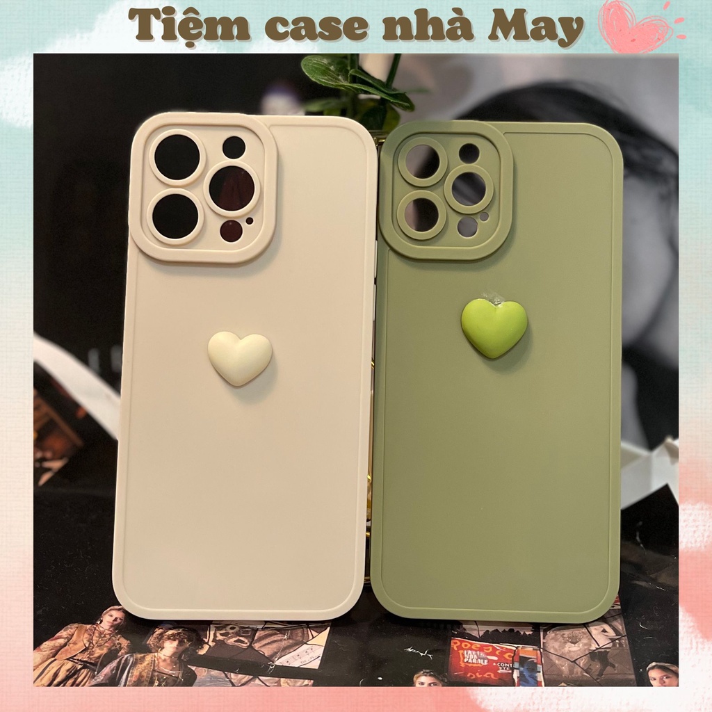 Ốp iPhone Silicon màu xanh matcha màu kem có kính bảo vệ camera hình trái tim cho iPhone 14, 13, 12, 14 Plus, Pro Max