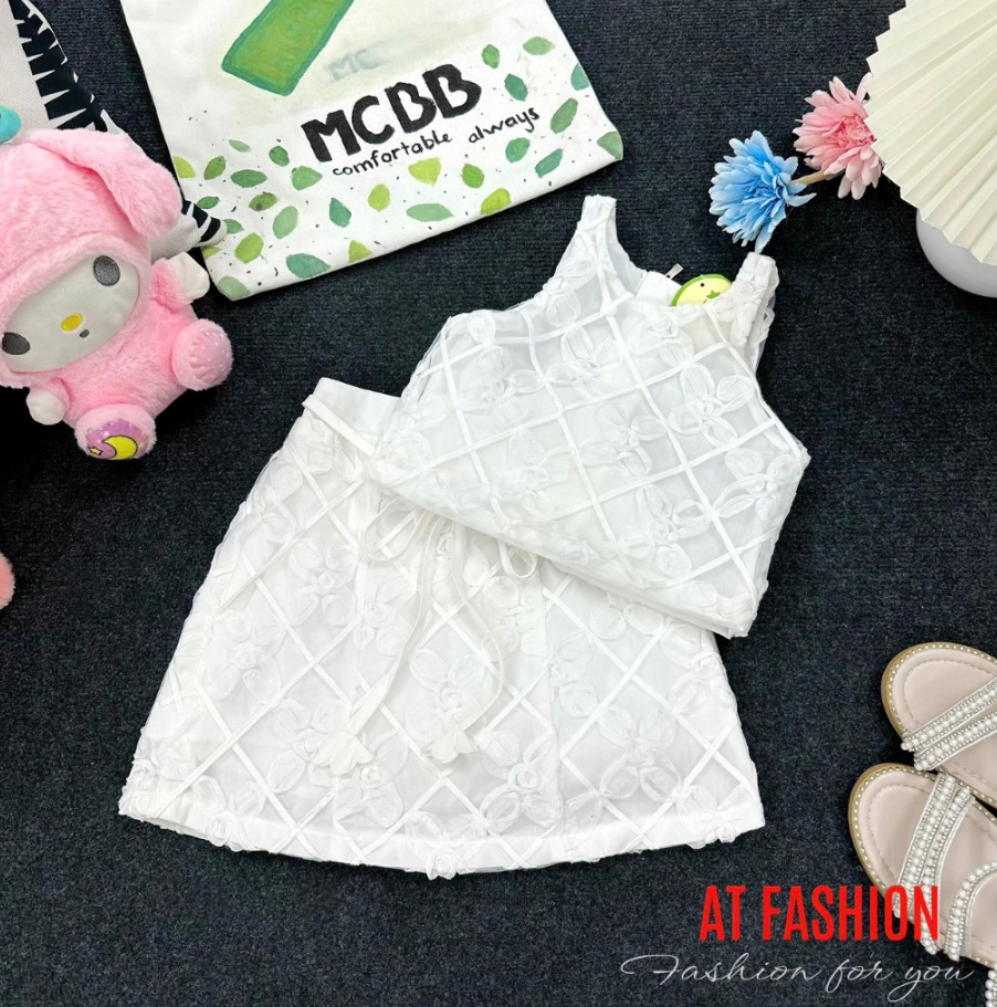 Nguyên set bộ quần giả váy phối áo croptop cho bé gái phong cách từ 10-40kg chất vải mềm mịn mát
