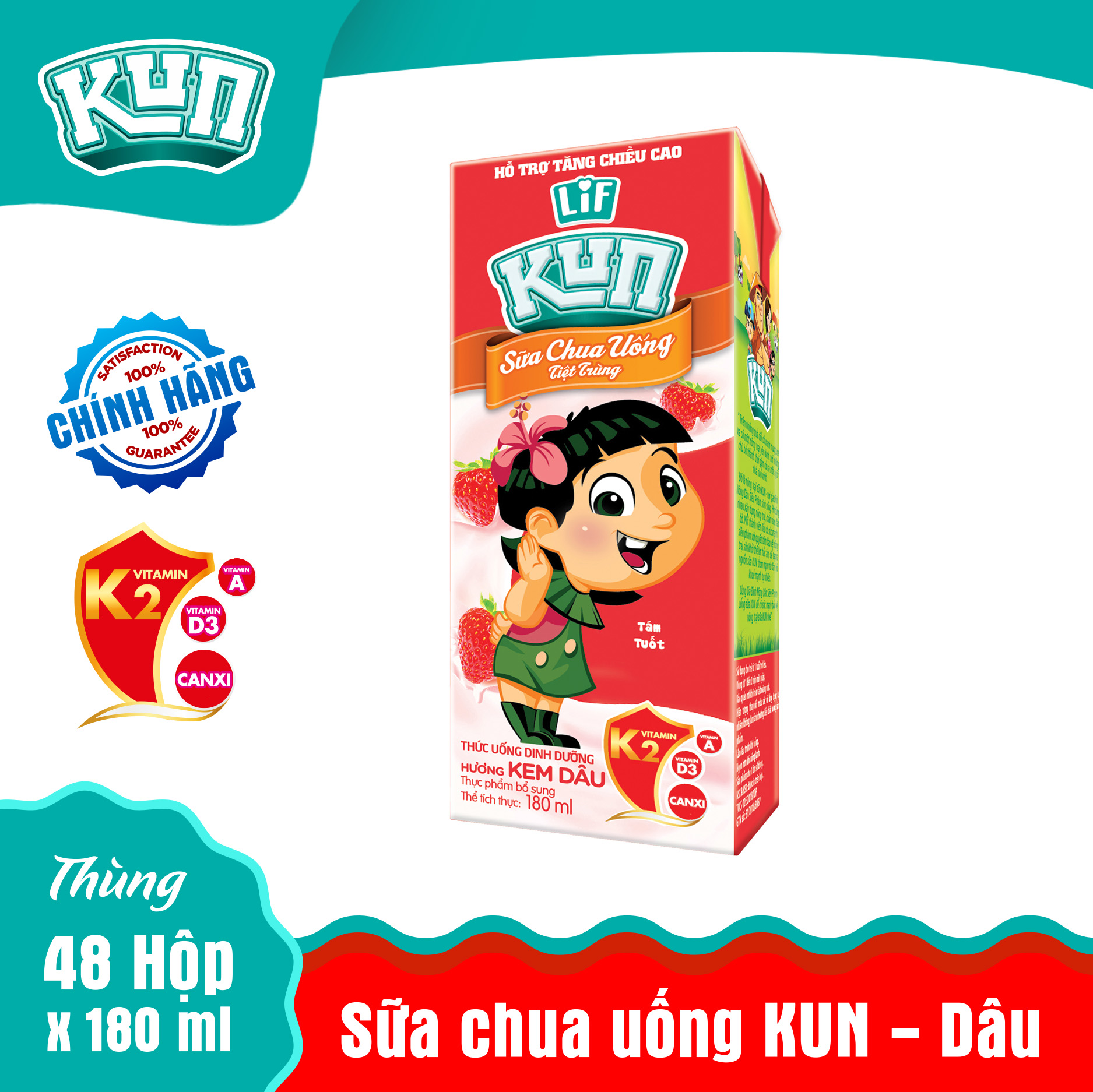 Sữa Chua Uống KUN Kem Dâu Thùng 48 Hộp x 180ml