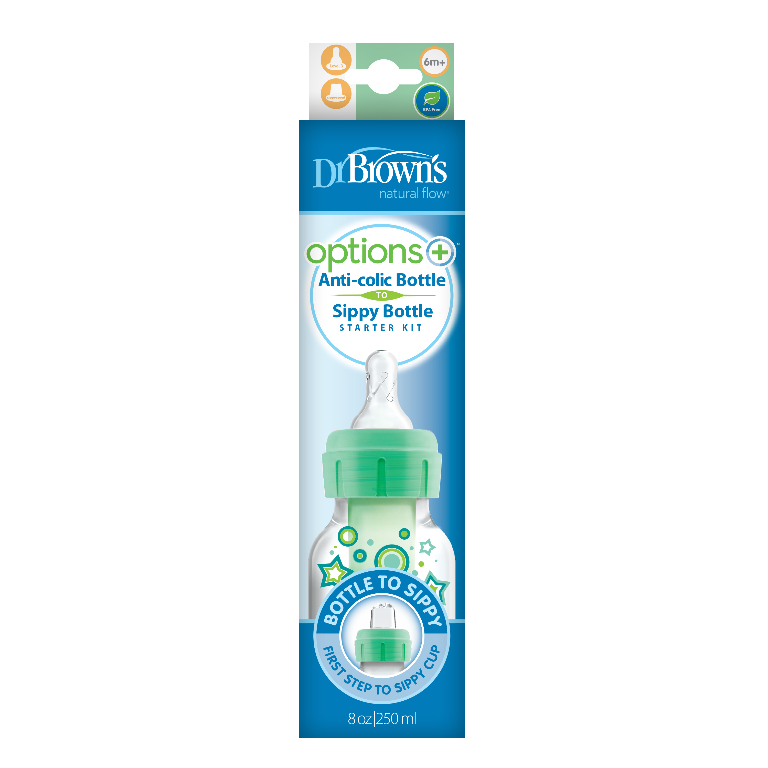 Bình sữa Dr.Brown's cổ thường 250ml nhựa PP Options Plus dòng chuyển đổi 2 giai đoạn