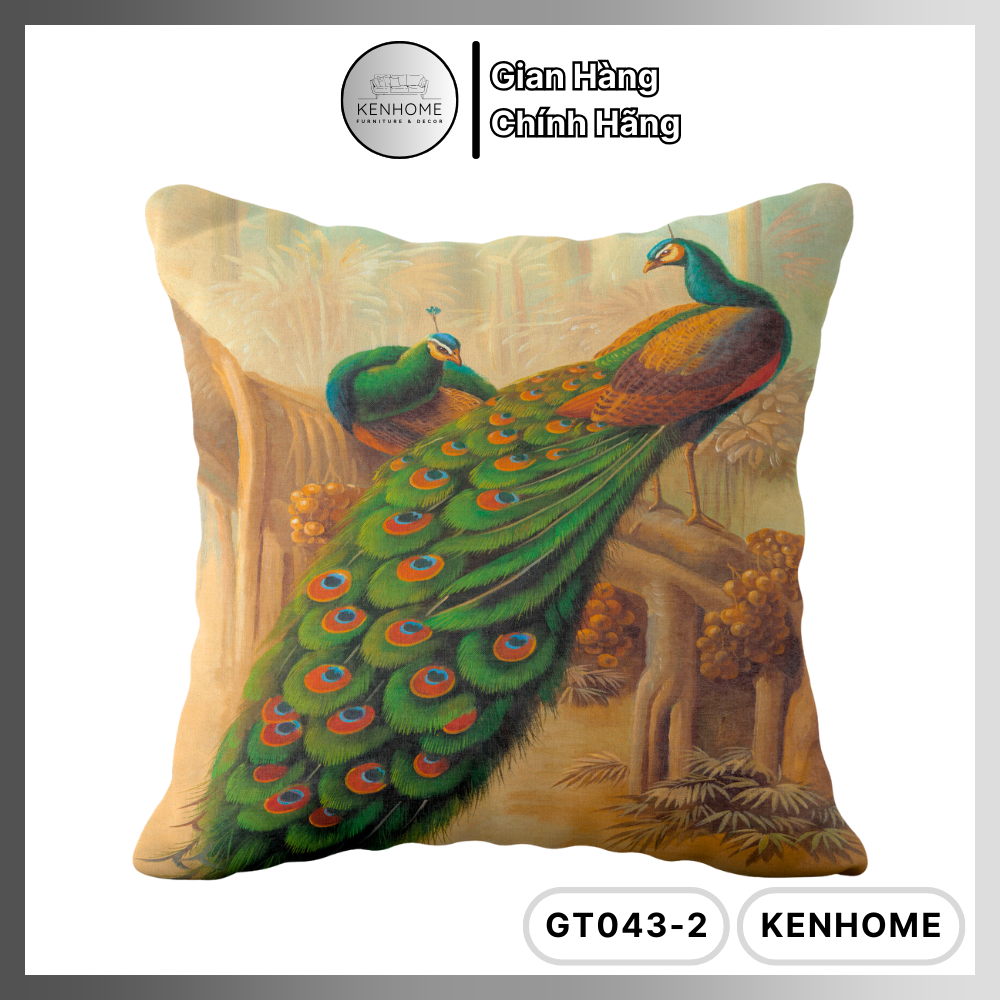 Gối Sofa Họa Tiết Chim Công - Gối Tựa Sofa Decor Cổ Điển, Nhã Nhặn Cho Phòng Khách - Vải Bố Cao Cấp - Kích Thước 45X45cm