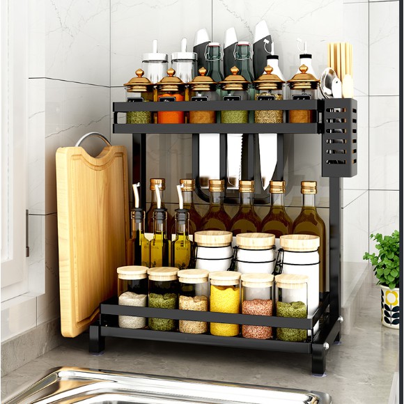 Combo kệ gia vị nhà bếp 3 tầng kiêm ống để thìa đũa và khay gài dao thớt thiết kế lắp ghép dễ dàng tháo rời kệ để vệ sinh, chất liệu 100% inox sơn tĩnh điện chống nước