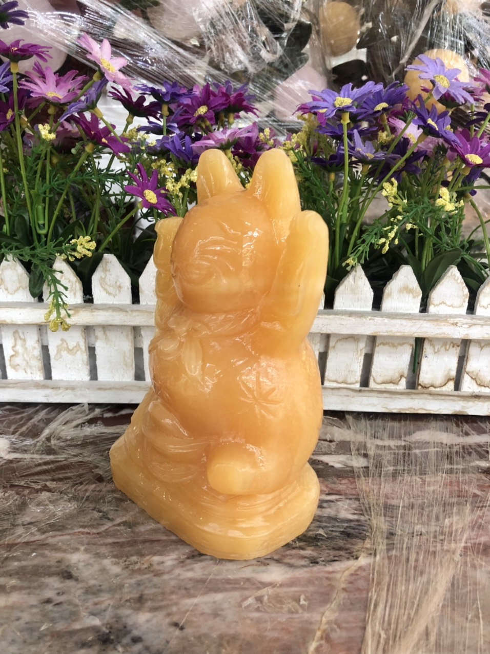 Tượng Mèo Thần Tài, Mèo May Mắn Maneki Neko vẫy tay đá ngọc hoàng long - Cao 15 cm