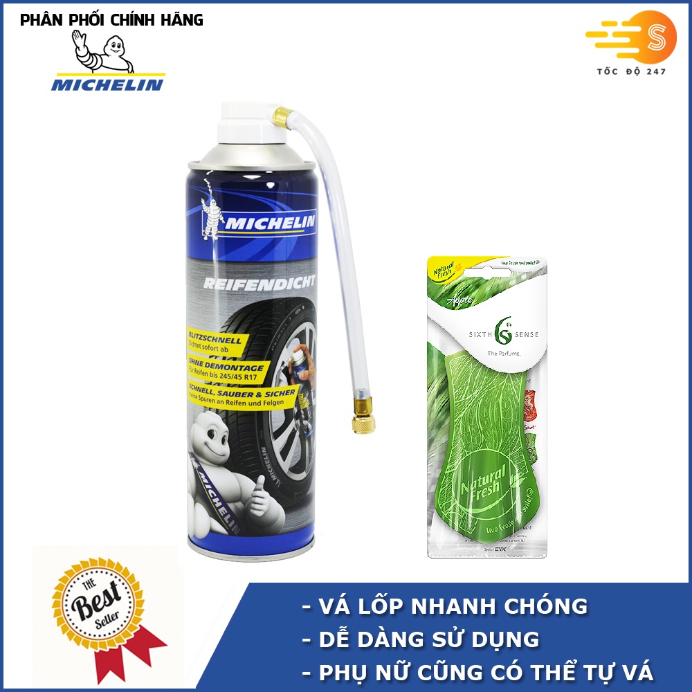 Chai vá lốp xe khẩn cấp Michelin 92423 tặng kèm 1 lá thơm treo ô tô huong ngẫu nhiên hoặc móc khóa