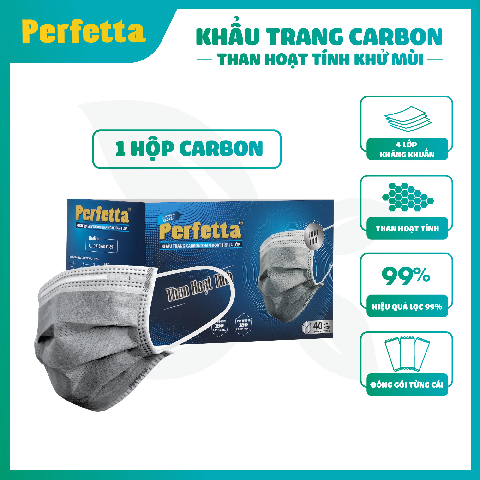 [1 HỘP - PERFETTA CARBON] - Khẩu Trang Carbon Hoạt Tính Chất Lượng Cao, Khử Mùi, Chống Bụi Mịn, Màu Xám Xanh, 4 Lớp, Bảo Vệ Tối Ưu, Đóng Gói Từng Cái - (40 cái/hộp)