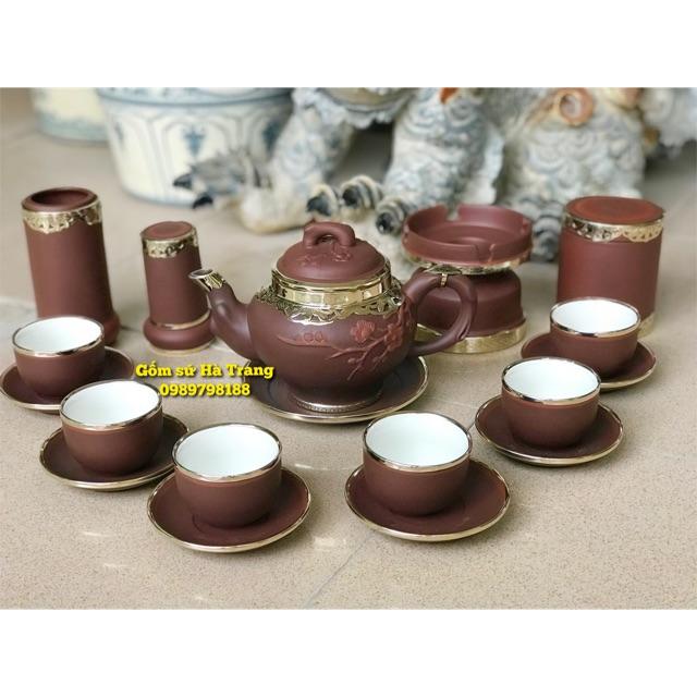 Bộ ấm chén Bát Tràng hoạ tiết hoa đào đắp nổi bọc đồng cao cấp