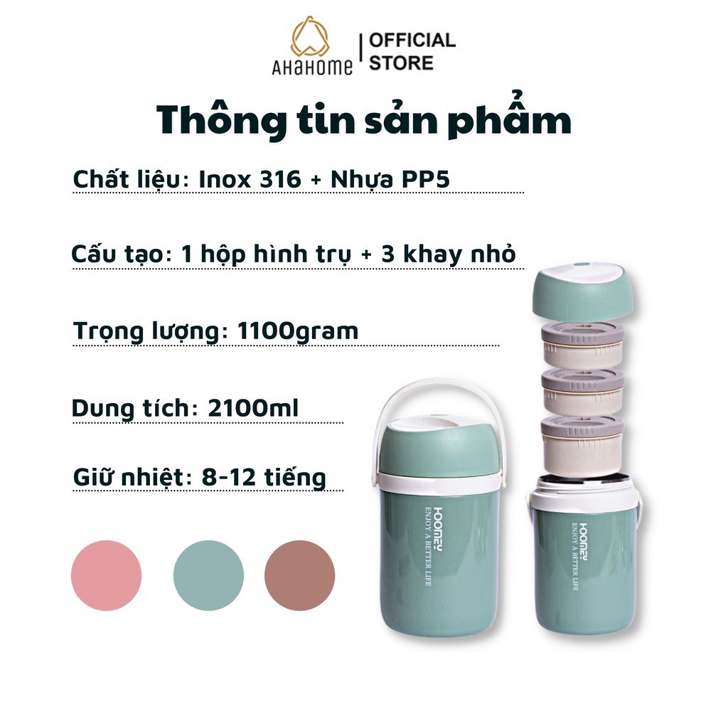 Hộp Cơm, Cặp Lồng Giữ Nhiệt Inox 316 Cao Cấp, Giữ Nhiệt 8-12 tiếng Dung Tích 2100ml HC01