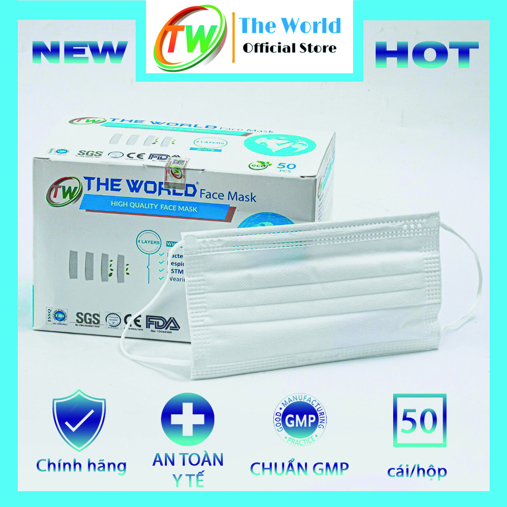 [HỘP-50 CÁI] Khẩu trang y tế 4 lớp The World kháng khuẩn, bụi mịn - Hàng Chính Hãng The World