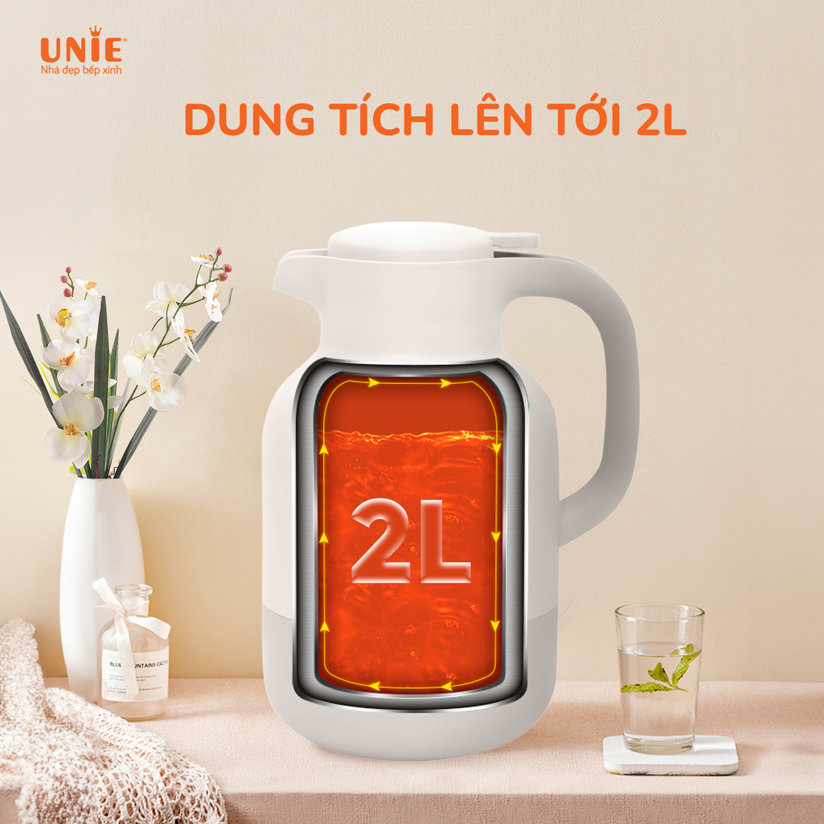 Phích giữ nhiệt UNIE UKW08,Công nghệ khoá nhiệt 5 lớp, dung tích 2l, màu sắc trang nhã- hàng chính hãng