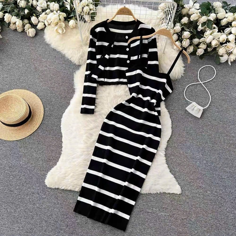 SET ĐẦM LEN KÈM ÁO KHOÁC PHỐI SỌC CAO CẤP