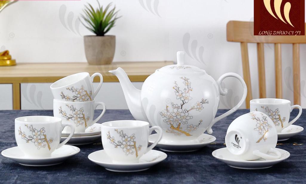 Bộ ấm chén 6 cốc kèm 7 đĩa sứ trắng pha trà họa tiết hoa bạc sang trọng - ANTH21