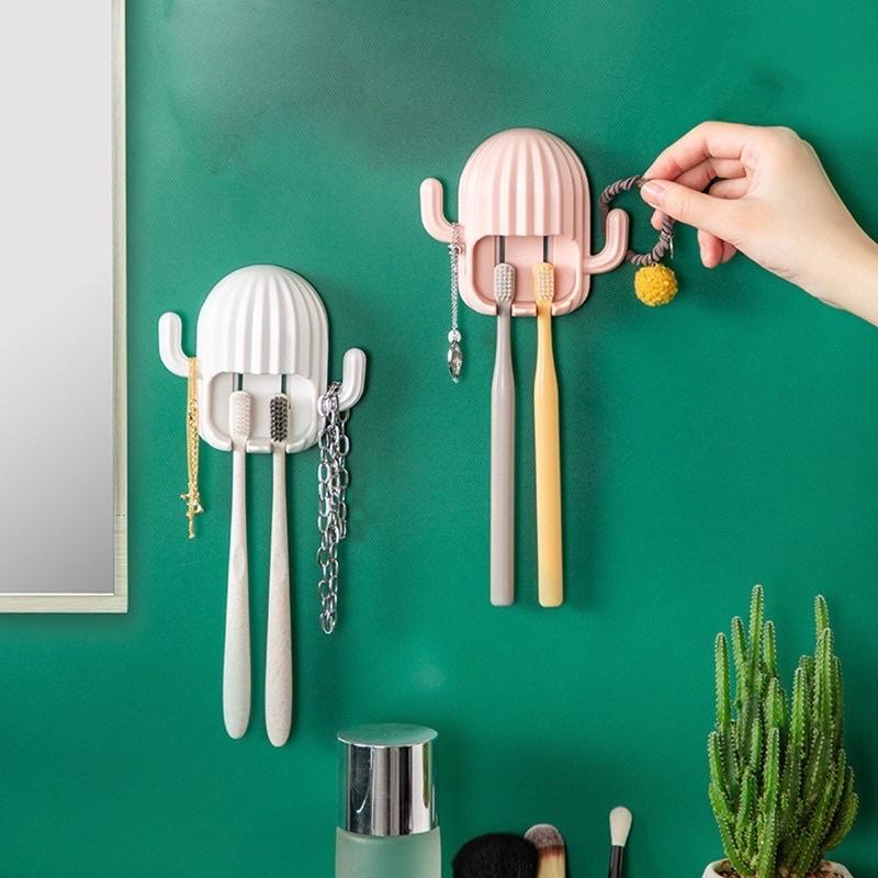 Giá Kẹp Bàn Chải Kèm Móc Treo Dán Tường Hình Xương Rồng Xinh Xắn