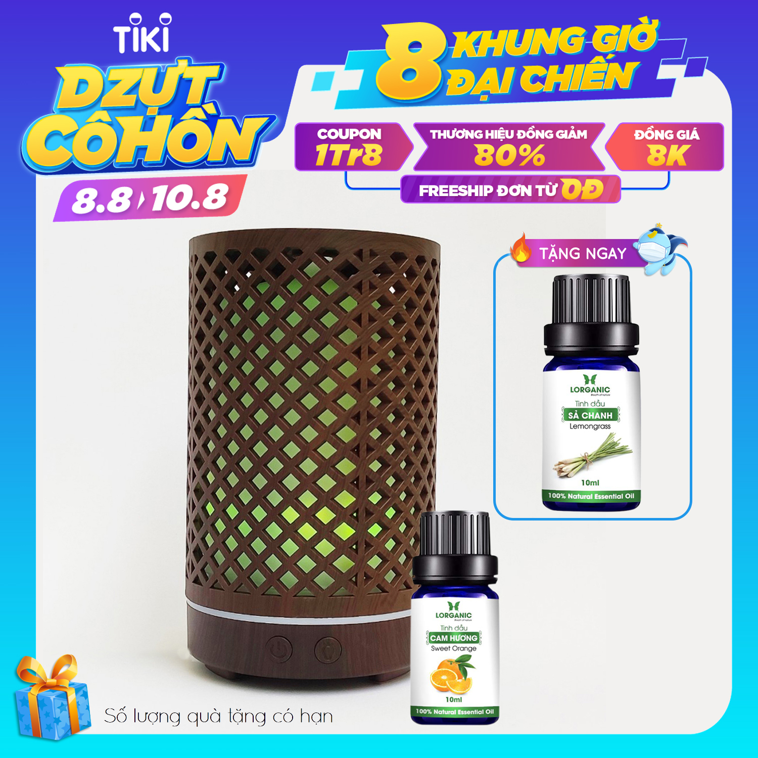 Combo máy khuếch tán/ máy xông tinh dầu Lorganic hình Trụ Lưới FX2065 + tinh dầu cam hương Lorganic (10ml)