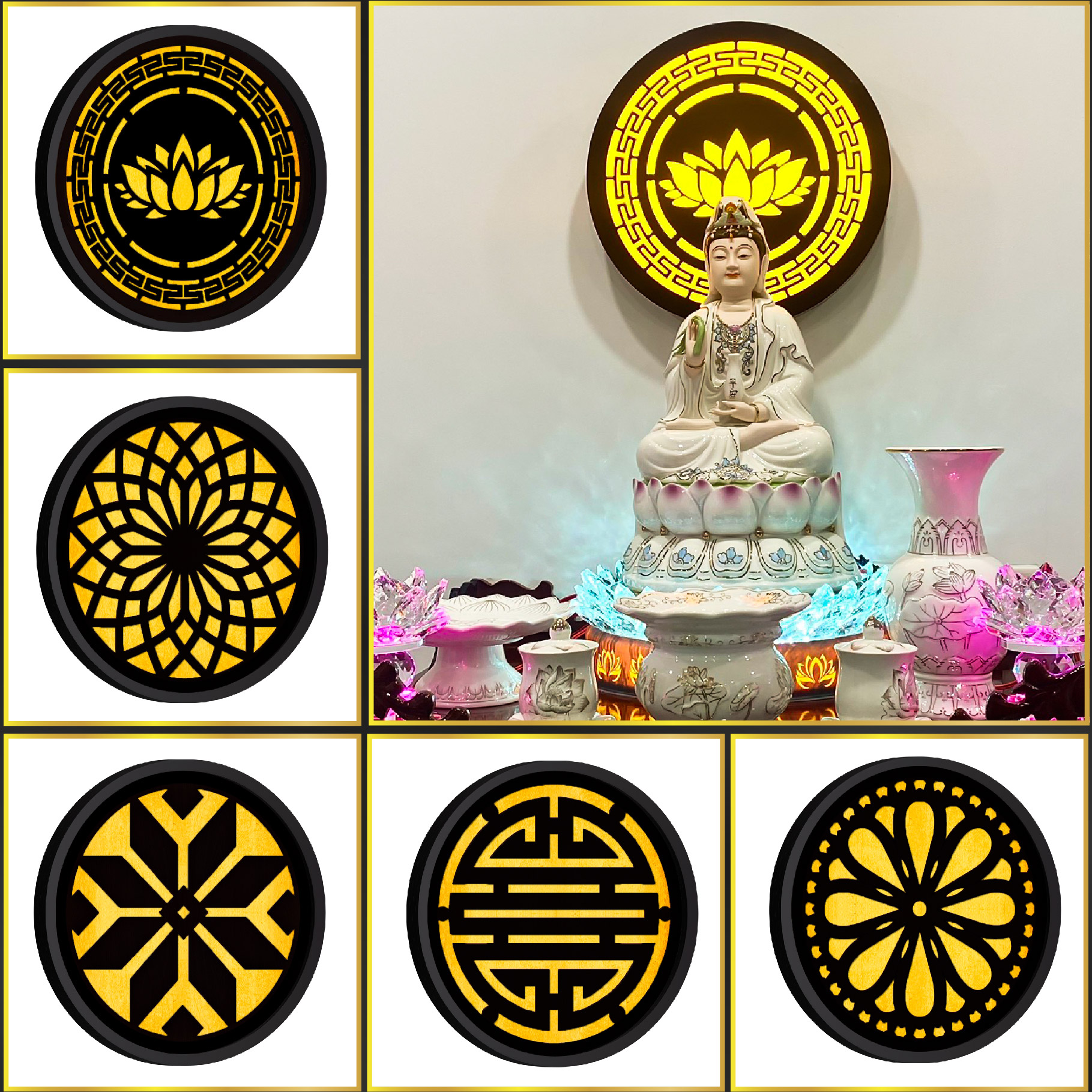 Đèn Hào Quang Phật In Tranh Trúc Chỉ CNC DECORNOW 30,40 cm, Trang Trí Ban Thờ, Hào Quang Trúc Chỉ VÂN GỖ DCN-TCC17