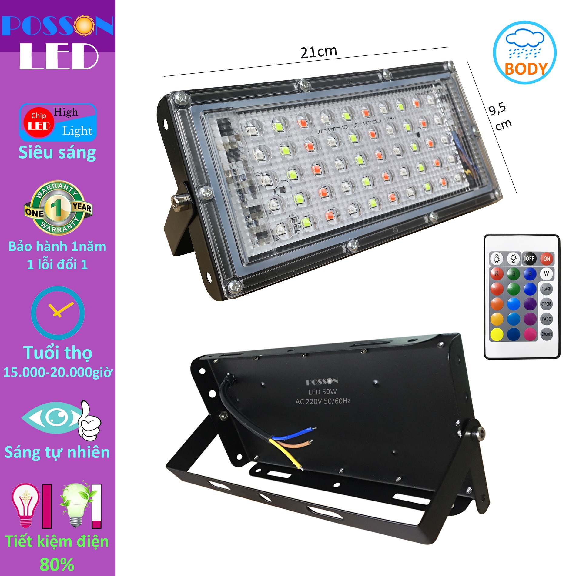Đèn Led pha đổi nhiều màu RGB 50w 220v kèm điều khiển hắt tường rọi cây kín nước chống mưa trang trí ngoài trời Posson LF-50RGB