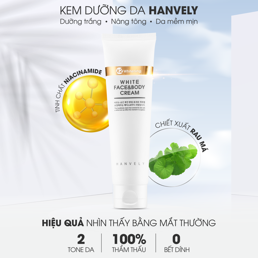 Kem Dưỡng Trắng Da Mặt Và Toàn Thân Hanvely White Face &amp; Body Cream 120ml