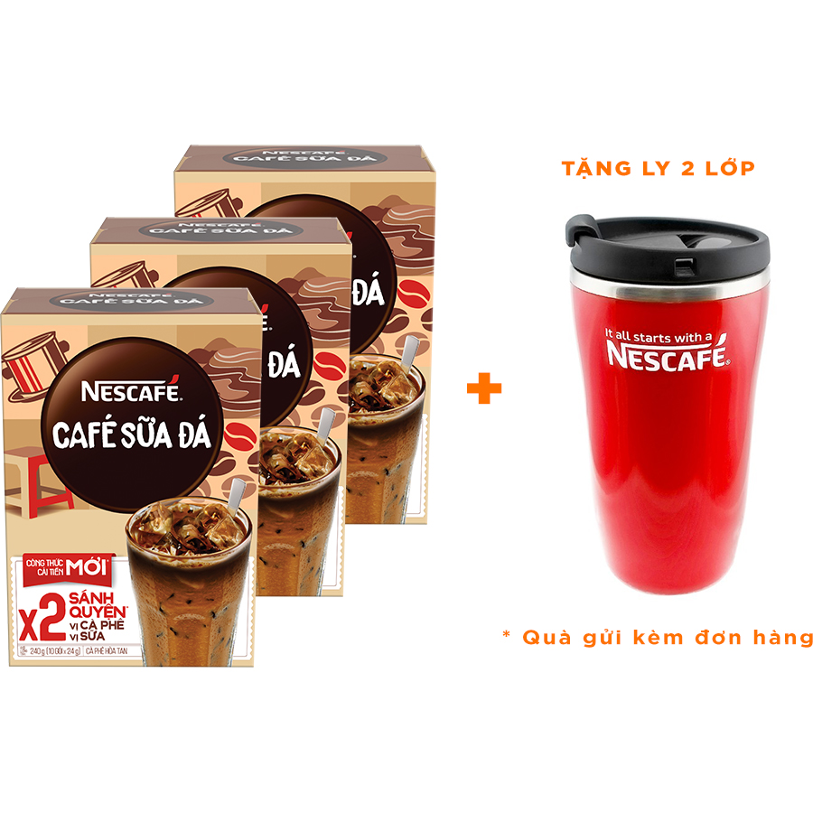 Combo 3 hộp cà phê hòa tan Nescafé cà phê sữa đá (Hộp 10 gói x 24g) - [Tặng 1 ly 2 lớp tiện lợi]