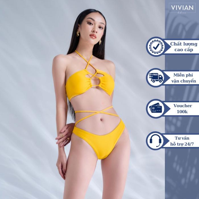 Đồ bơi nữ cao cấp dạng hai mảnh áo ống phối dây tạo hình - Vàng - VS186_YL