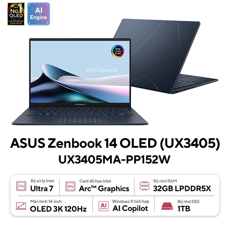 Laptop Asus Zenbook 14 OLED UX3405MA-PP152W (Intel Core Ultra 7 155H | 32GB | 1TB | Intel Arc | 14 inch 3K OLED 120 Hz | Win 11 | Xanh) - HÀNG CHÍNH HÃNG