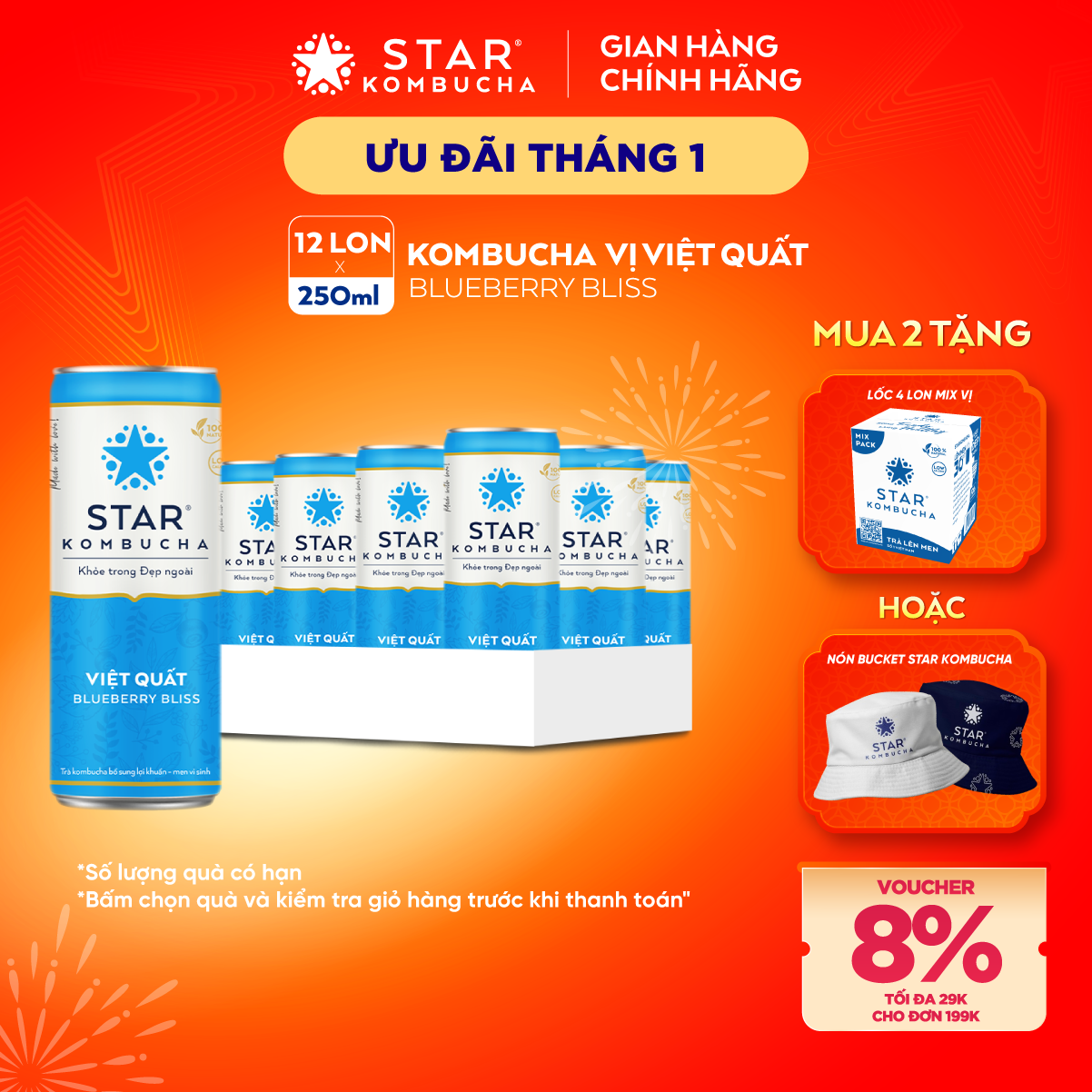 Thùng 12 lon thức uống lên men STAR KOMBUCHA Việt Quất / Blueberry Bliss