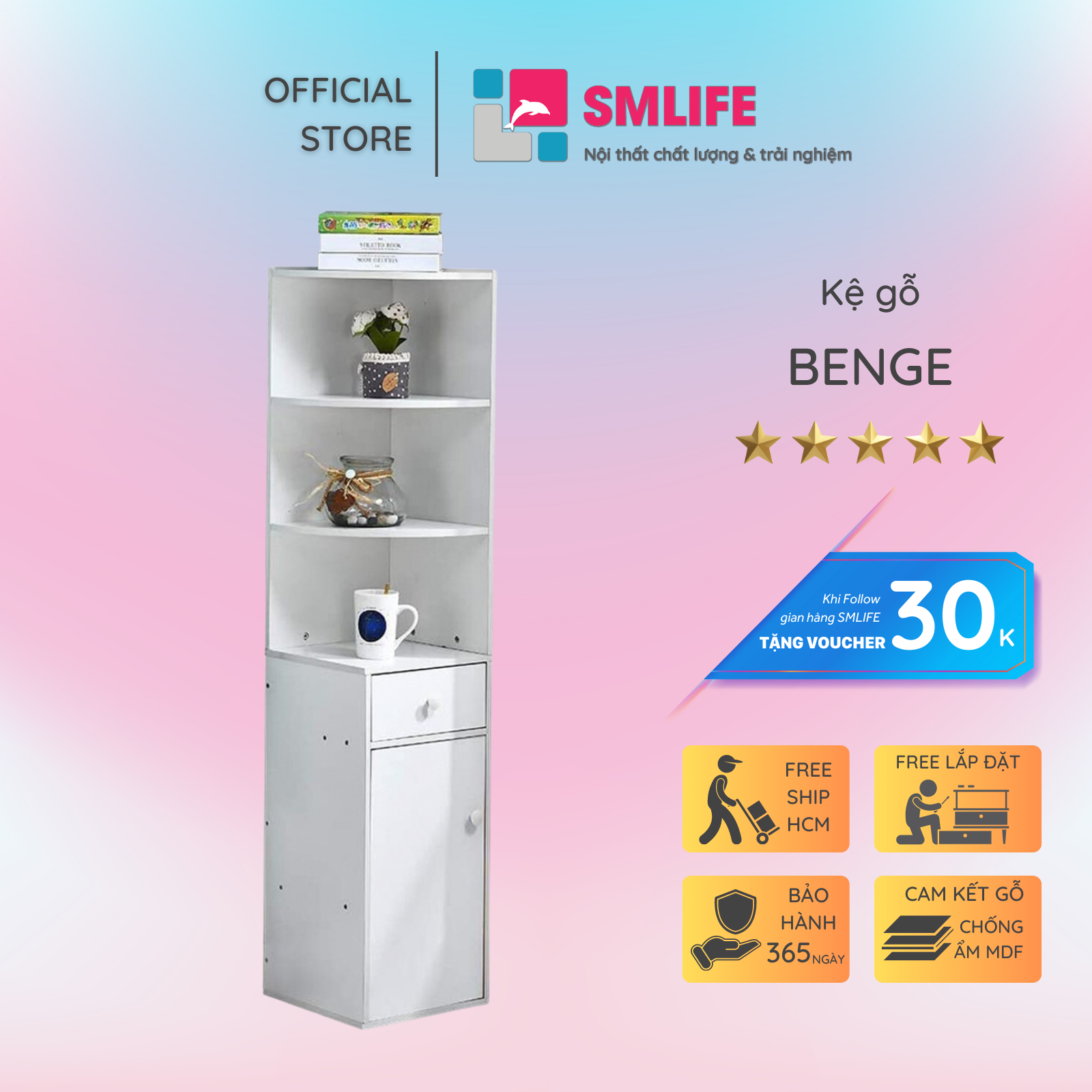 Giá sách bằng gỗ thiết kế tiện lợi SMLIFE Benge