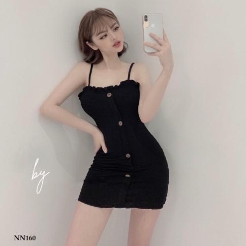 Váy Đầm Nữ Ôm Body 2 Dây Viền Bèo Kết Nút LH79