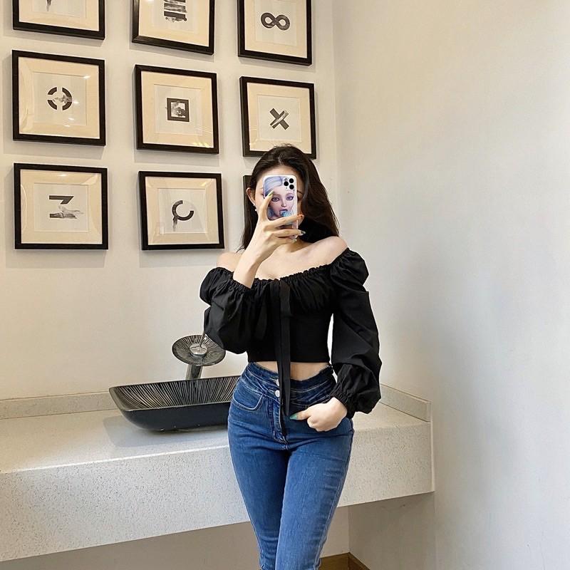 Áo sơmi thắt nơ ngực croptop bèo nhún sexy 2021