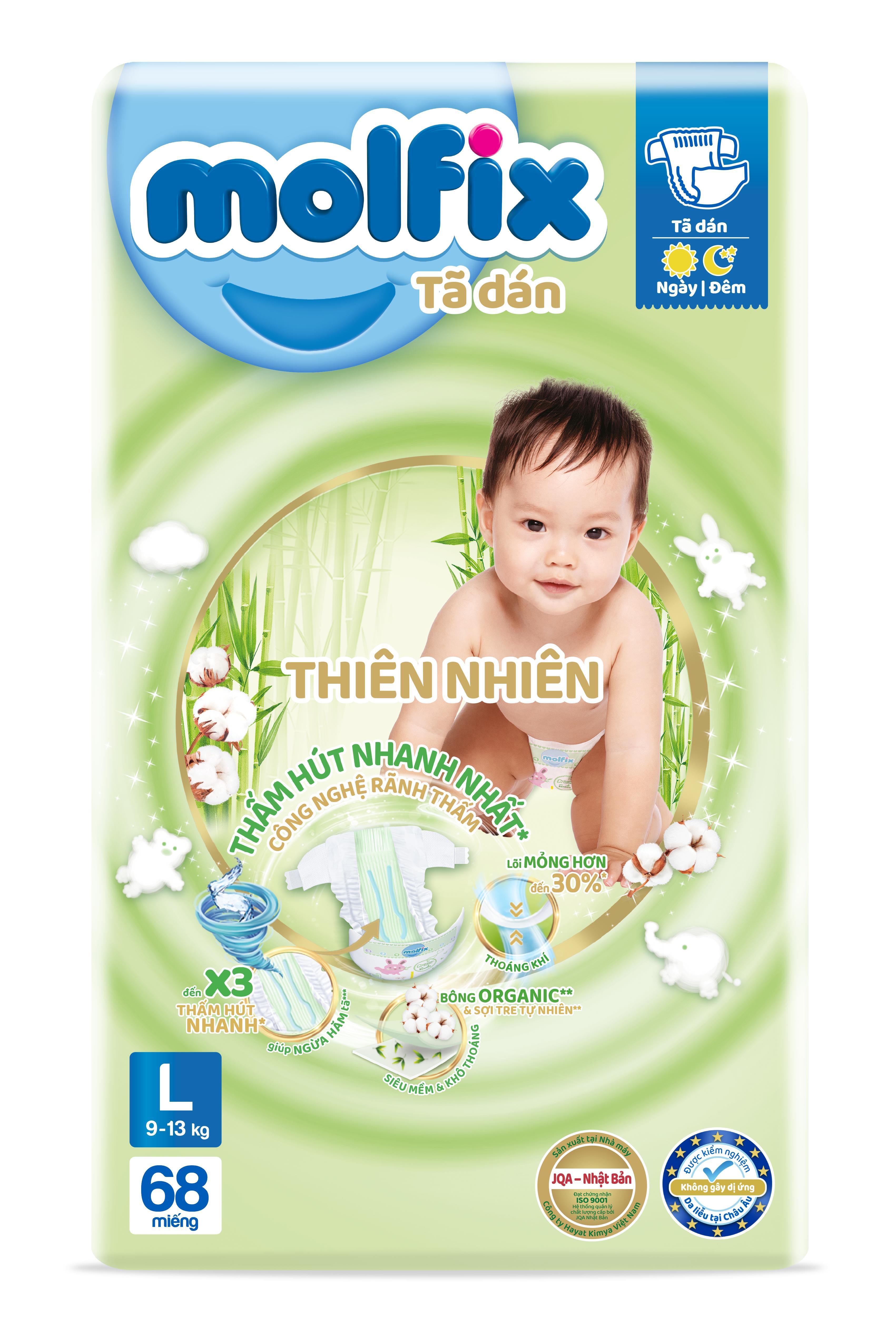 Tã/bỉm dán Molfix Thiên nhiên Super Jumbo L (9kg - 13kg) - Gói 68 miếng