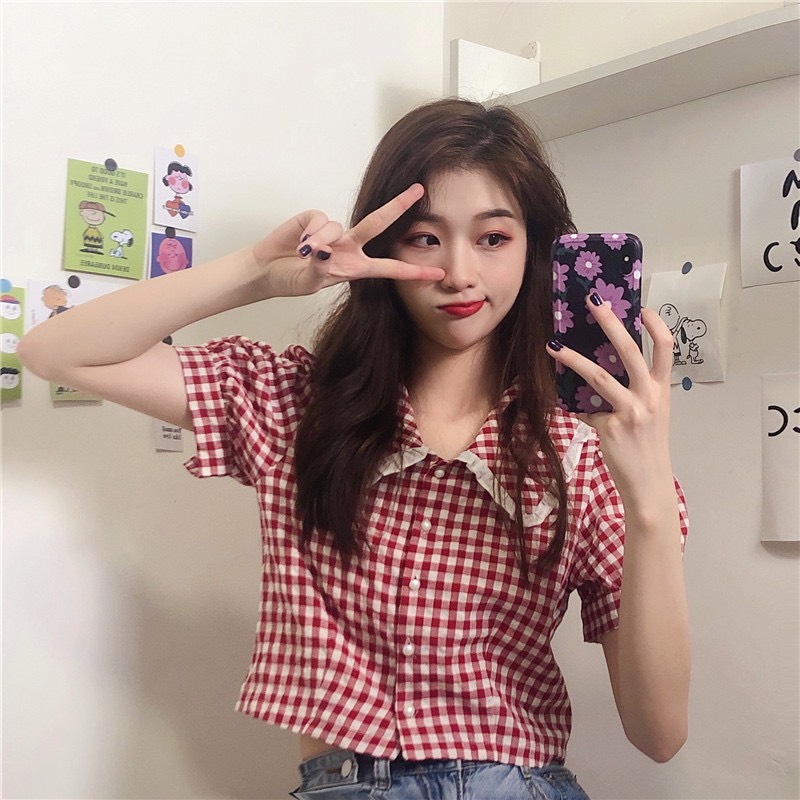 Áo sơ mi nữ kẻ dáng ngắn cộc tay cổ viền ren nhiều màu