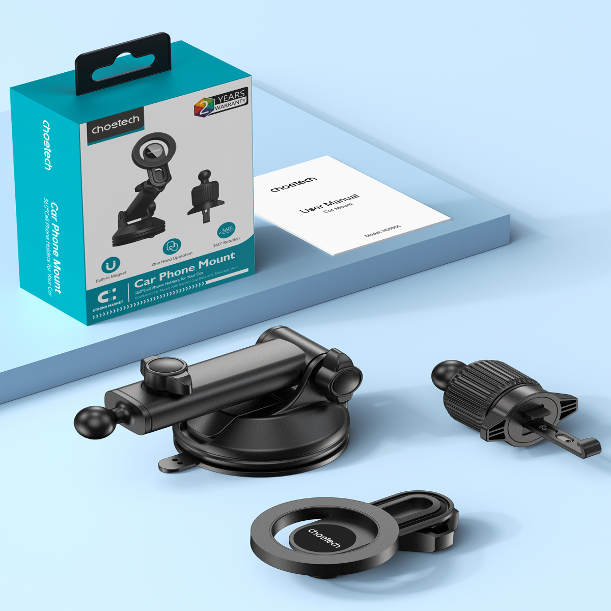 Bộ giá đỡ điện thoại hít nam châm 2in 1 Choetech H1005 dán taplo hoặc kẹp khe gió xoay 360 độ - Hàng chính hãng
