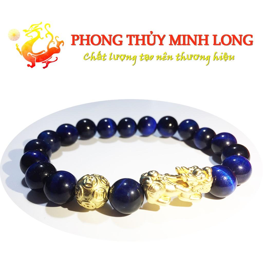 Vòng tay đá mắt hổ Xanh Dương 5A mix Tỳ Hưu và 1 hạt Kim Tiền hợp mệnh Thủy và Mộc