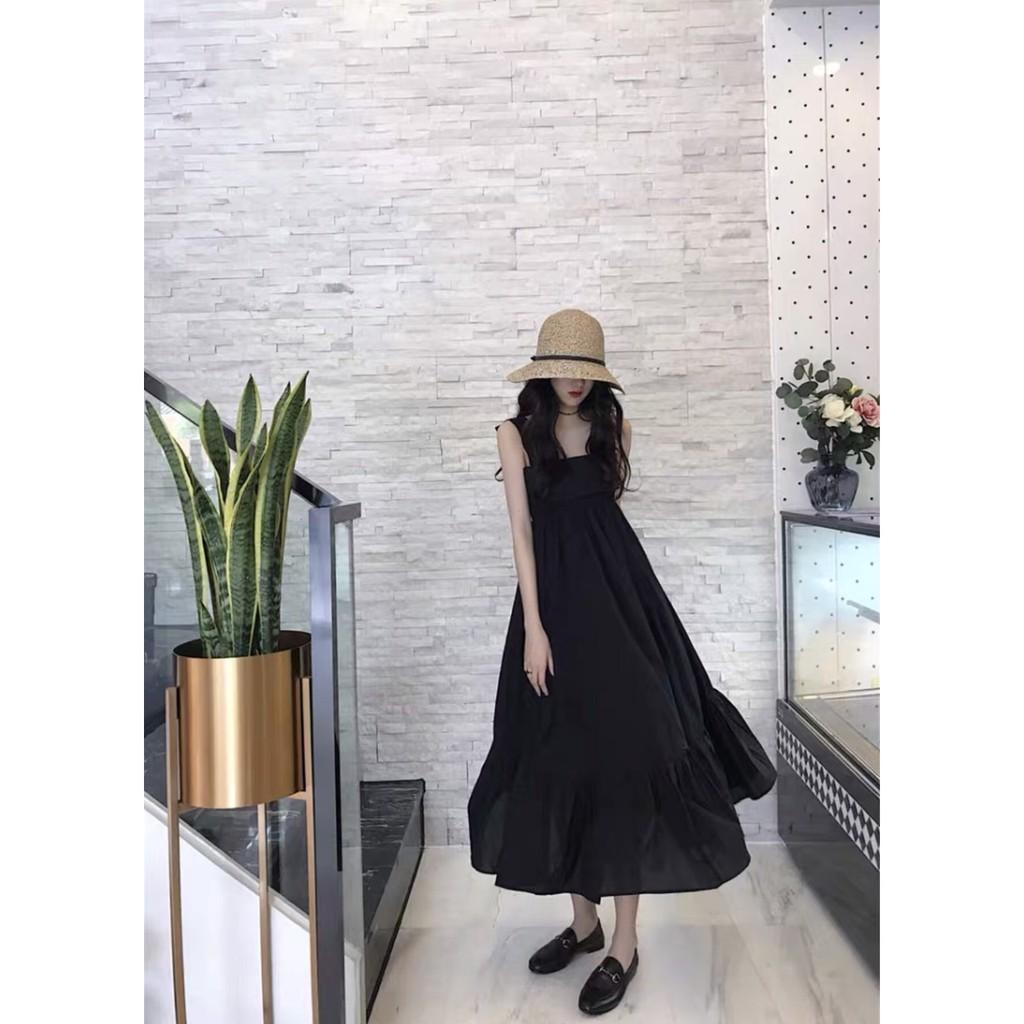 Đầm Xòe Váy Đẹp 2 Dây Đan Dây Nơ Lưng Siêu Xinh Cùng Họa Tiết Trơn Đen Trắng Trên Nền Vải Cao Cấp