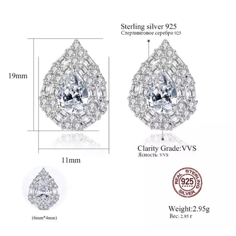 Bông tai hình giọt nước fianit, bạc ý 925