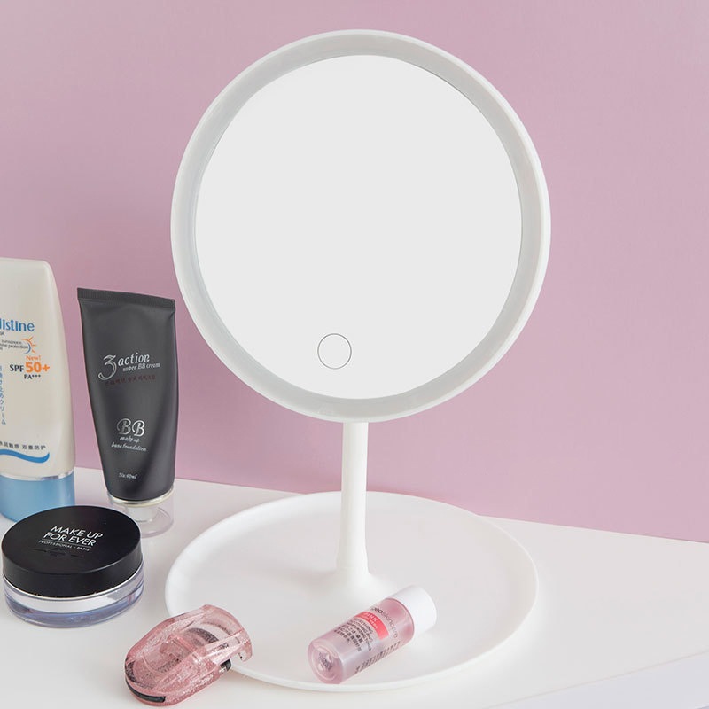 Gương Trang Điểm Để Bàn Có Đèn LED Cao Cấp Bằng Nhựa Hình Tròn Trắng Hồng Pin Bền Sạc Nhanh Tặng Cáp Sạc Giao Màu Ngẫu Nhiên