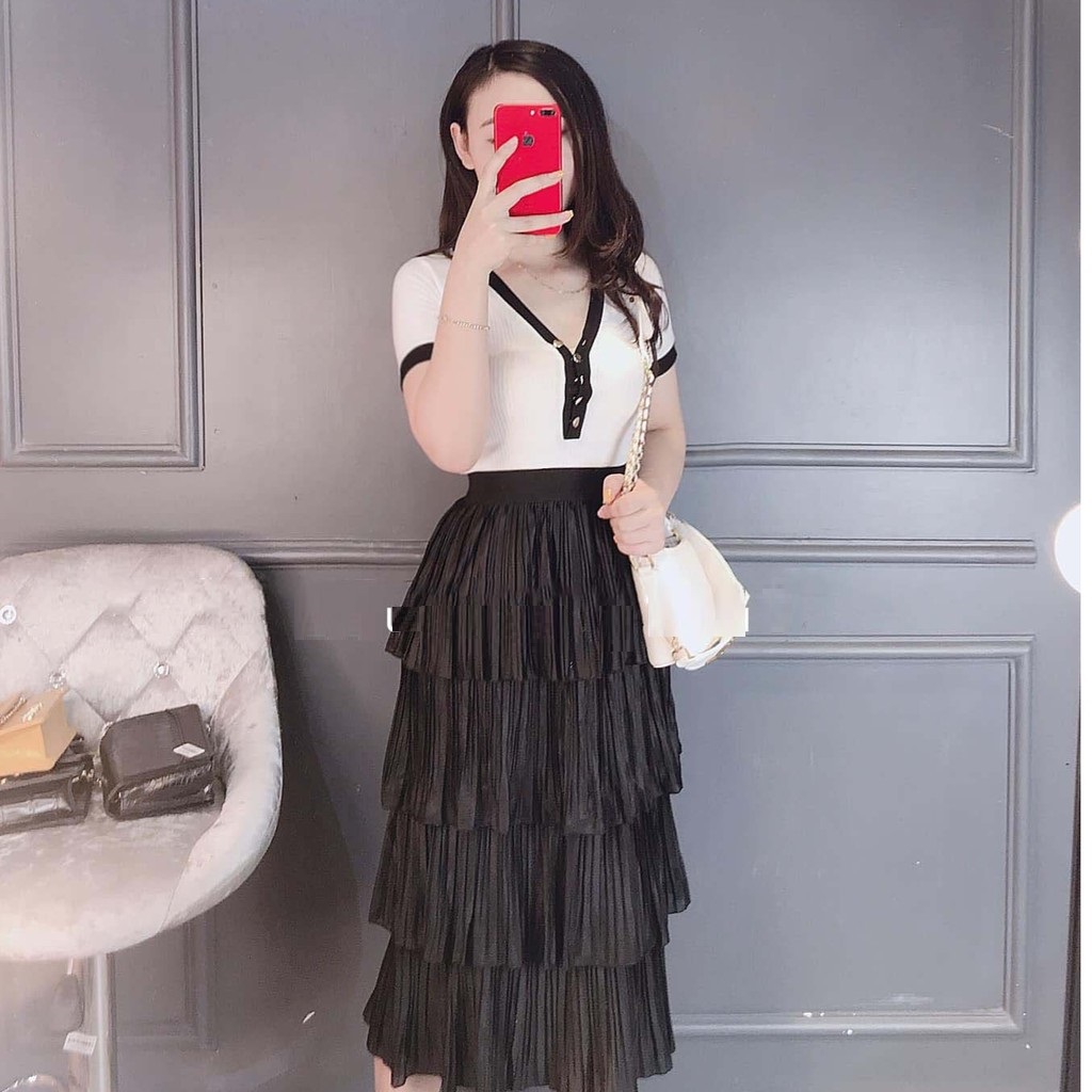 Chân váy 4 tầng dập ly nhỏ midi