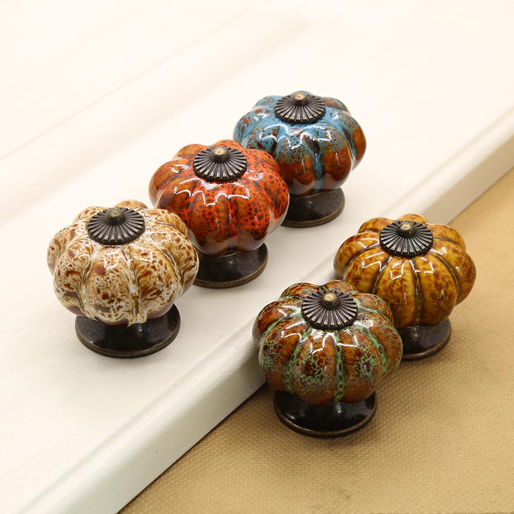 2x Round Pumpkin Shape Ceramic Cabinet Handles Orange