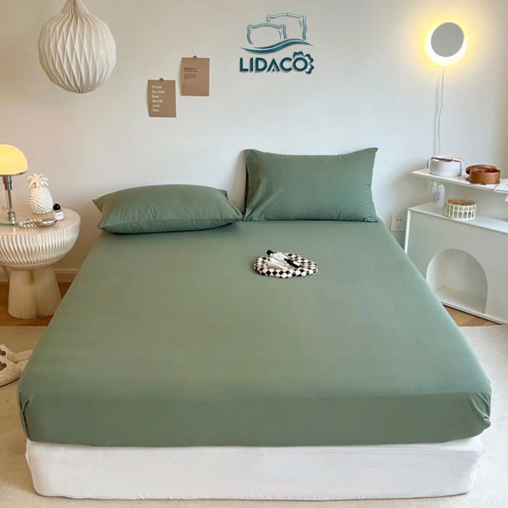 Bộ Ga Gối Cotton Đũi Tici LIDACO Cao Cấp – Xanh Mint  – 2m2x2m – Dưới 15cm
