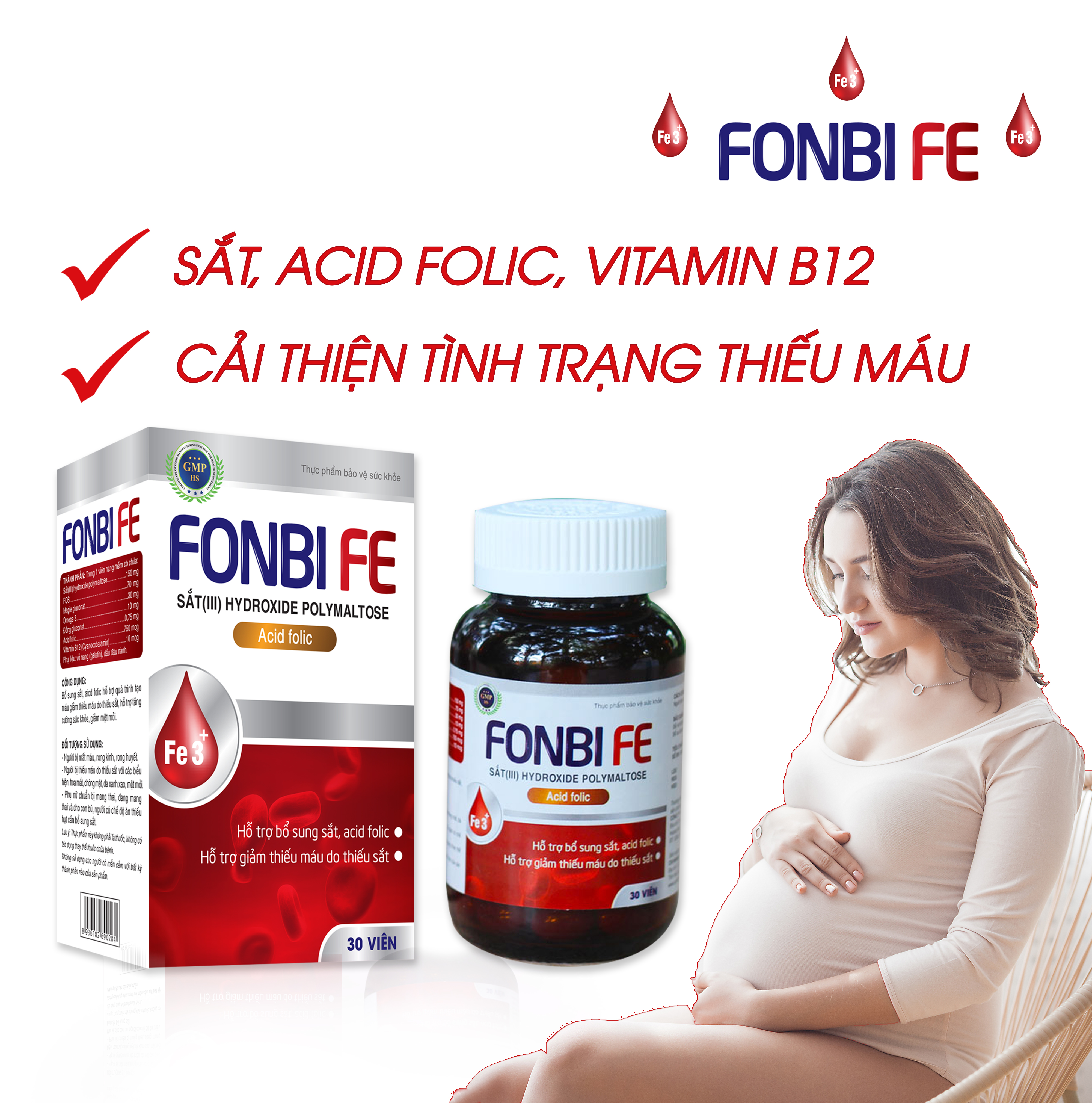 Viên uống bổ sung Sắt III, Acid folic, Vitamin B12 cho bà bầu, phụ nữ có thai và cho con bú không gây táo bón FONBIFE lọ 30 viên