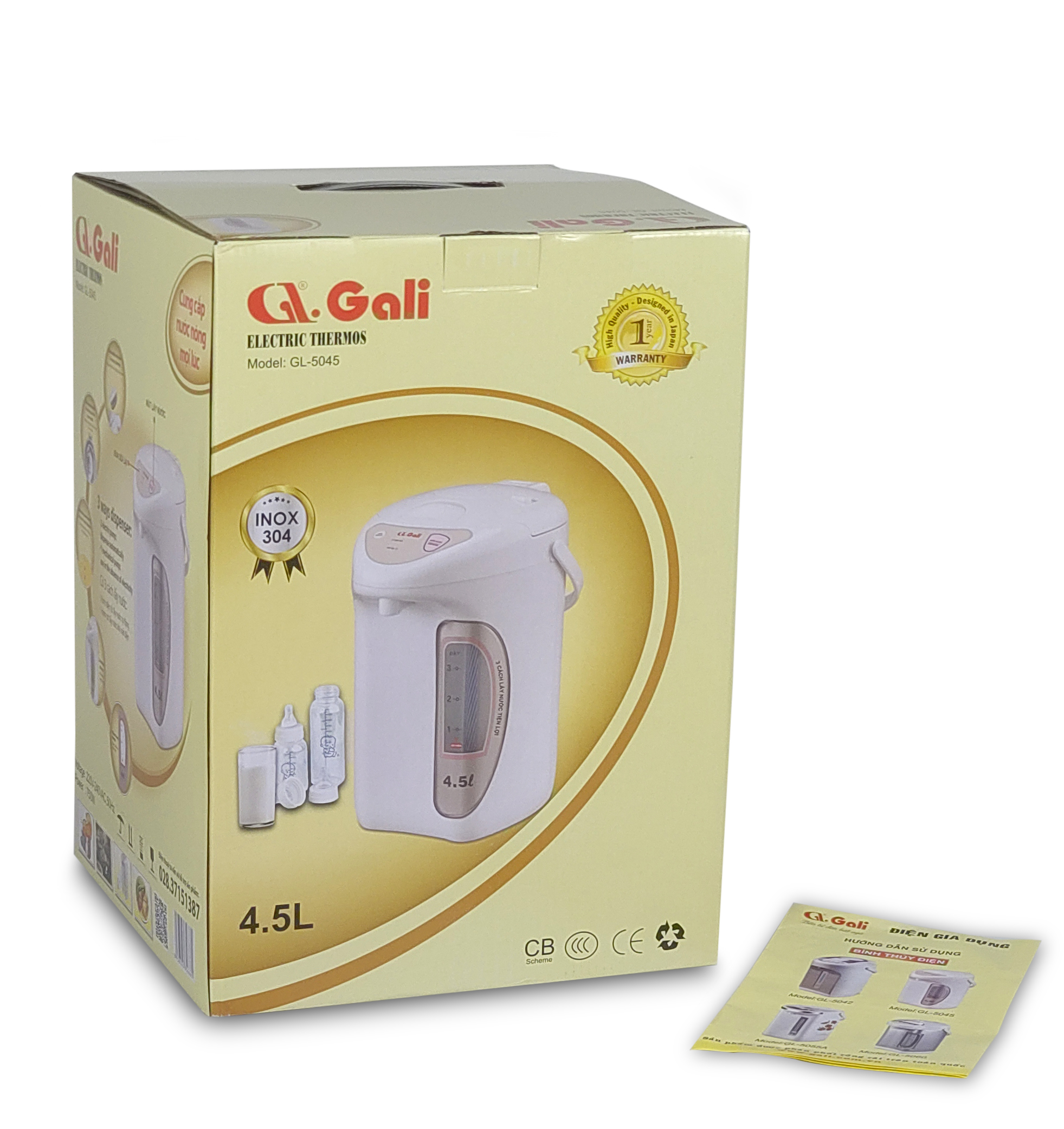 Bình thủy điện Gali GL-5045 dung tích 4.5 lít, phích cấu tạo 2 lớp thân ngoài nhựa, ruột inox 304, hàng chính hãng 100% Gali, bảo hành 24 tháng