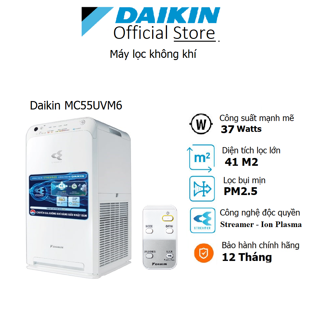 Máy Lọc không khí Daikin MC55UVM6-7 -Diện tích 41m2, Công nghệ Streamer - Hàng chính hãng