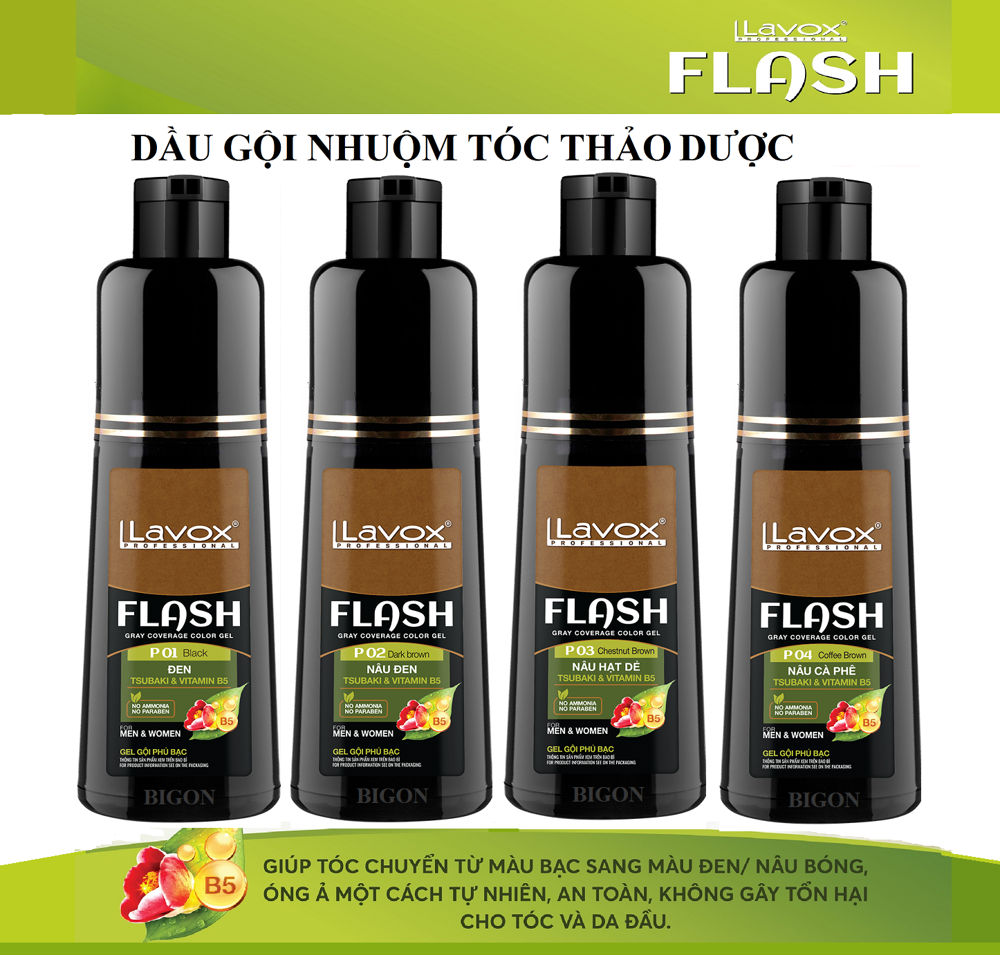 Dầu Gội Thảo Dược Nhuộm Tóc ĐEN/ NÂU PHỦ BẠC SIÊU DƯỠNG LAVOX FLASH