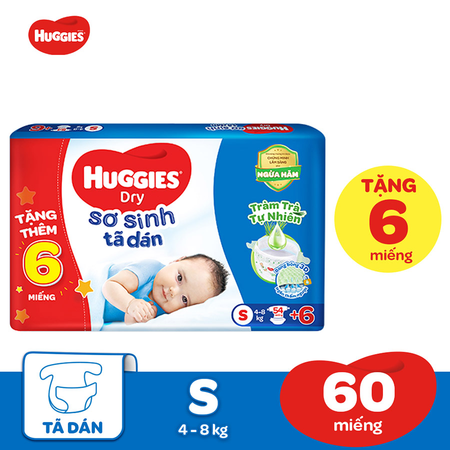 Thùng 3 tã dán sơ sinh Huggies mới S54 (4kg-8kg) - Gói 54 miếng Tràm Trà + Tặng 6 miếng