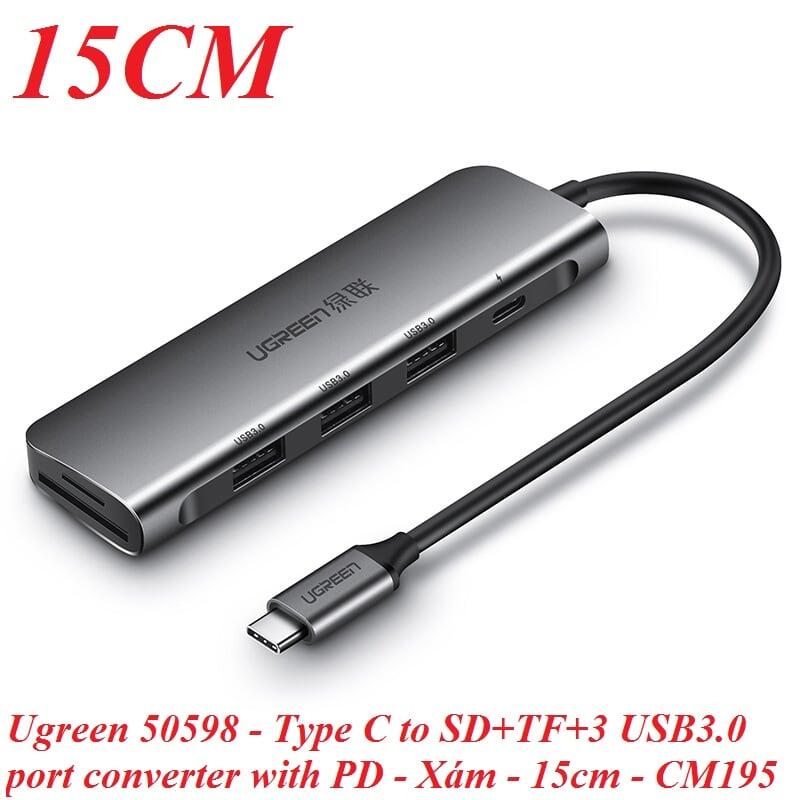 Ugreen UG50598CM195TK 15CM màu Xám Bộ chuyển đổi TYPE C sang 2 USB 3.0 + TF SD + nguồn TYPE C - HÀNG CHÍNH HÃNG